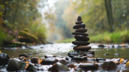Obraz premium A zen stack of smooth stones balanced in a shallow stream with a blurred forest background view