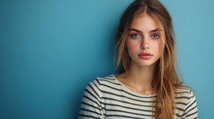 Fototapeta premium Young caucasian female with long hair wearing striped top against blue background