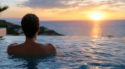 Fototapeta premium A man is swimming in a pool with the sun setting in the background. Scene is peaceful and relaxing