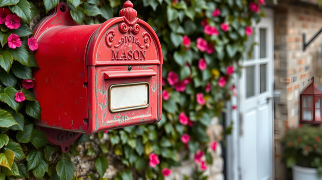 Rustic red mailbox ivy wall, outdoors, vintage
