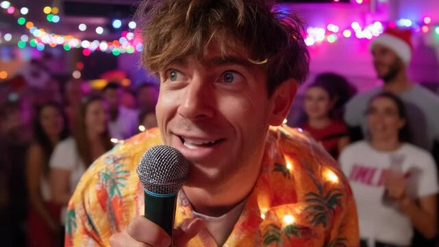Excited man singing karaoke into a microphone with festive Christmas lights and party atmosphere with blurred crowd in the background indoors.