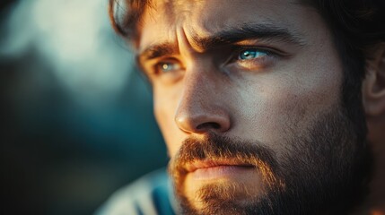 Obraz premium Pensive young caucasian male with beard and intense blue eyes in dramatic lighting