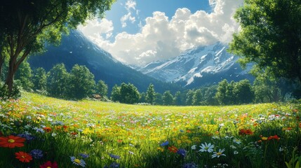 Lush alpine meadow vibrant wildflowers