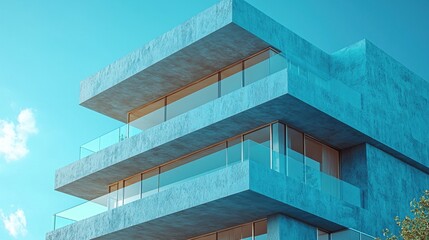 Fototapeta premium A tall building with a blue exterior and a glass balcony. The building is very modern and sleek