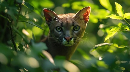 Jungle Cat Portrait, Green Leaves Background, Wildlife Photography