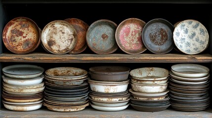 Vintage metal and ceramic dishes stacked on wooden shelves