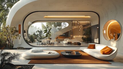 Sustainable futuristic living space with trees high resolution picture