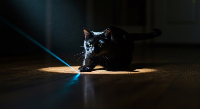 A black cat crouches low to the ground illuminated by a bright blue laser pointer on wooden floor