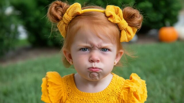 Little red-haired toddler wearing a yellow dress and bow with a grumpy facial expression standing in a garden