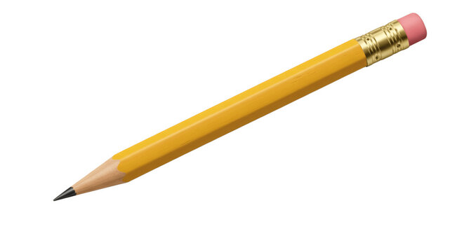 Realistic yellow pencil with pink eraser and sharpened tip. Isolated on transparent background.

