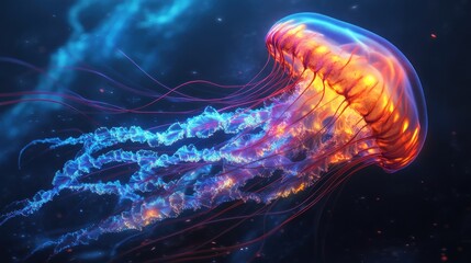 Luminous jellyfish swimming in dark ocean