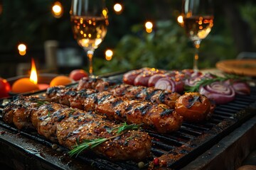 Cozy candlelit dinner with delicious food grilled to perfection and fine wine.