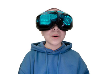  A young girl wearing a blue hooded sweatshirt and a high-tech black VR/AR headset with glowing blue details, showing an amazed expression with an open mouth. Shot against a transparent backdrop