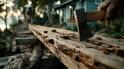Axe hits wood, near lake and house, at dusk