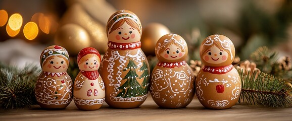 Festive matryoshka dolls with gingerbread design embody the holiday spirit