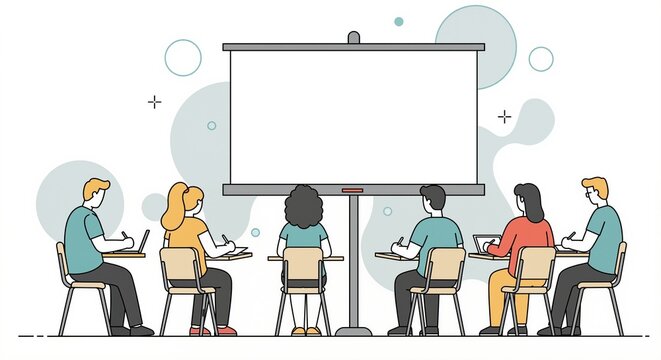 Group of students sitting in classroom facing blank whiteboard, engaged in learning and taking notes during presentation