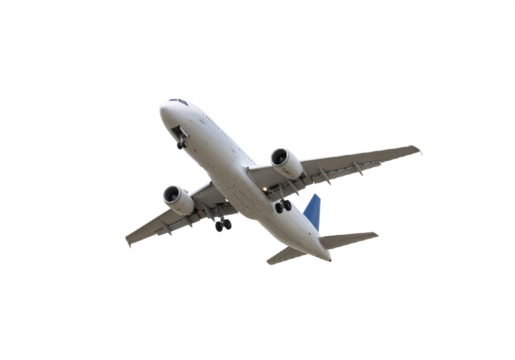Wide-body commercial jet aircraft in flight, isolated on transparent background
