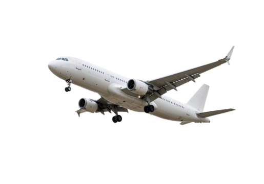 Wide-body commercial jet aircraft in flight, isolated on transparent background