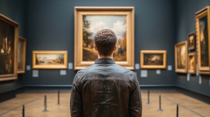 Young caucasian male observing paintings in art gallery