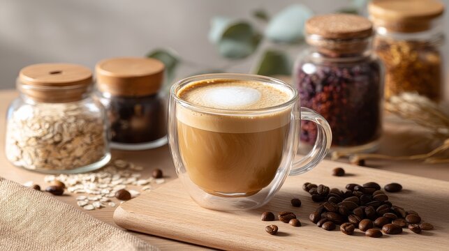 Cappuccino in double-walled glass mug with coffee beans and spices on wooden table