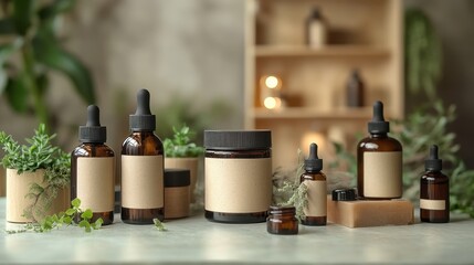 Rustic skincare set with amber bottles and natural greenery