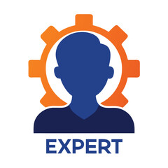 Person Silhouette Inside Orange Gear with EXPERT Text in Blue on a White Backdrop