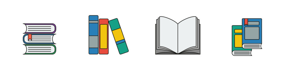 Set of illustrated book icons including stacked, open, and shelved books, perfect for themes of reading, study, and learning.
