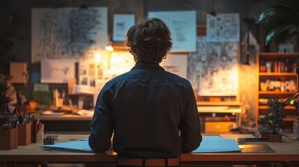 Young caucasian male designer working at creative studio desk in evening