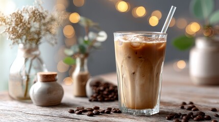 Chilled iced coffee with ice cubes in glass amidst rustic decor