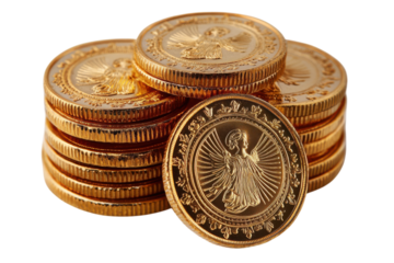 Shiny gold coins stack wealth prosperity finance investment luxury precious metal close up view rich