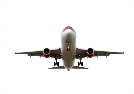 Wide-body commercial jet aircraft in flight, isolated on transparent background