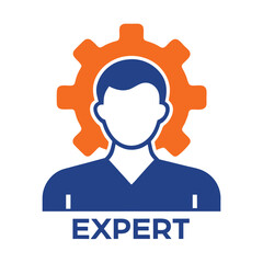 Male Figure with Orange Cogwheel Head & Expert Text in Blue Flat Design