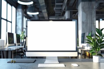 Fototapeta premium Blank white screen in a modern, ultra-futuristic office space, ideal for your design