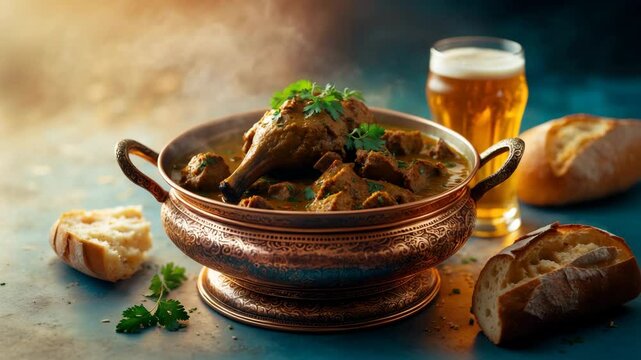 Lamb balt curry presented in a classic dish, served alongside bread.