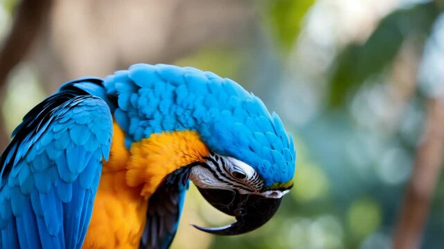 Side profile of a macaw looking at you