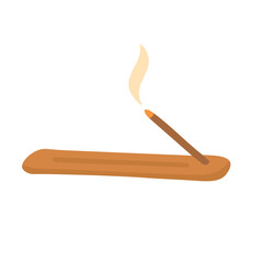 Flat cartoon incense stick with wooden stand and smoke. Ideal for yoga, spa and calm moments.