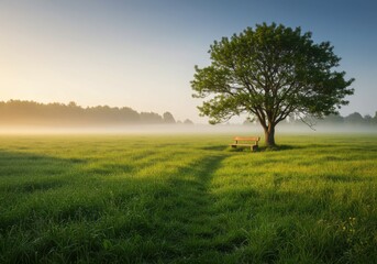 Fototapeta premium Serene landscape with bench under tree in misty field at sunrise
