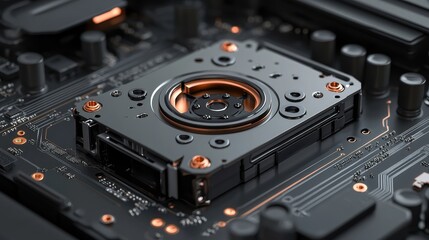 Obraz premium Futuristic circuit board close-up with metallic components and orange accents