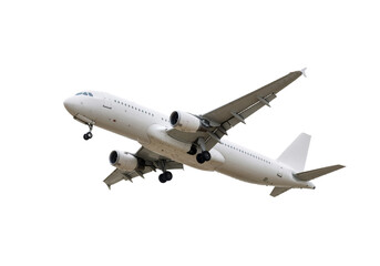 Wide-body commercial jet aircraft in flight, isolated on transparent background
