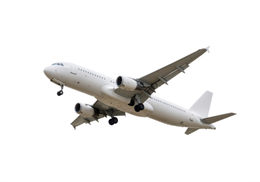 Wide-body commercial jet aircraft in flight, isolated on transparent background