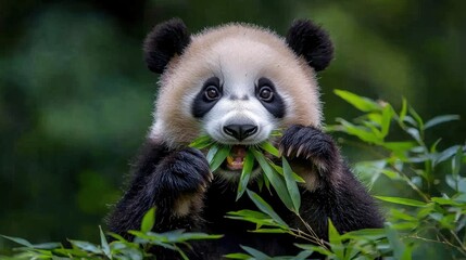 Obraz premium A baby panda is eating bamboo leaves. The bear is cute and playful, and it seems to be enjoying its meal