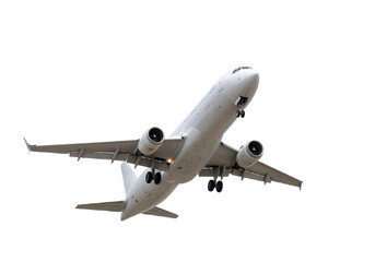 Wide-body commercial jet aircraft in flight, isolated on transparent background
