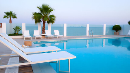 Fototapeta premium swimming pool with reclining chairs at the poolside
