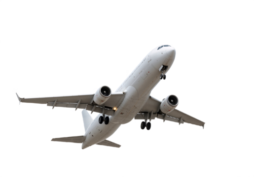 Wide-body commercial jet aircraft in flight, isolated on transparent background