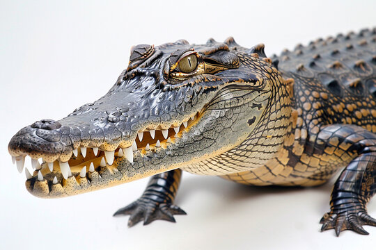 Isolated crocodile on the white background, reptile, predator, wildlife, dangerous, teeth, scales, animal, carnivore, aggressive, aquatic, hunter, swamp, river, creature, exotic, tropical, fierce, pow