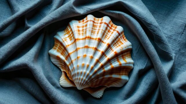 A sizable ocean shell displayed against a fabric surface. Bird's-eye view.