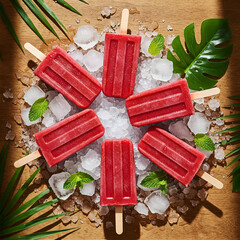 Refreshing watermelon popsicles on ice, styled with palm and monstera leaves on a clean white background.