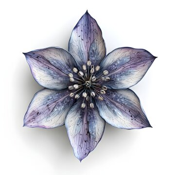 A stunning detailed illustration of a purple and blue hellebore flower with intricate vein details against a white background.