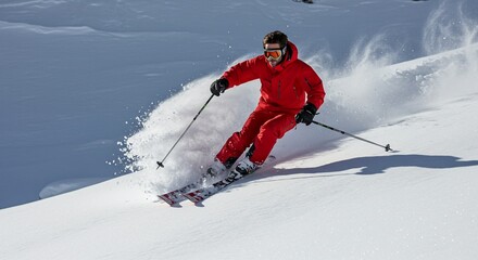 A skier in a red suit skiing down a snowy slope with poles and goggles in bright sunlight conditions