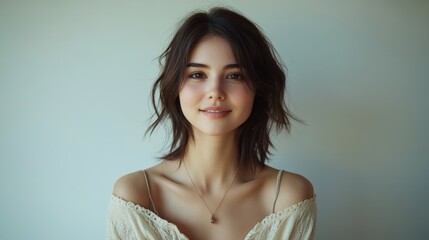Young caucasian female with short dark hair and warm smile